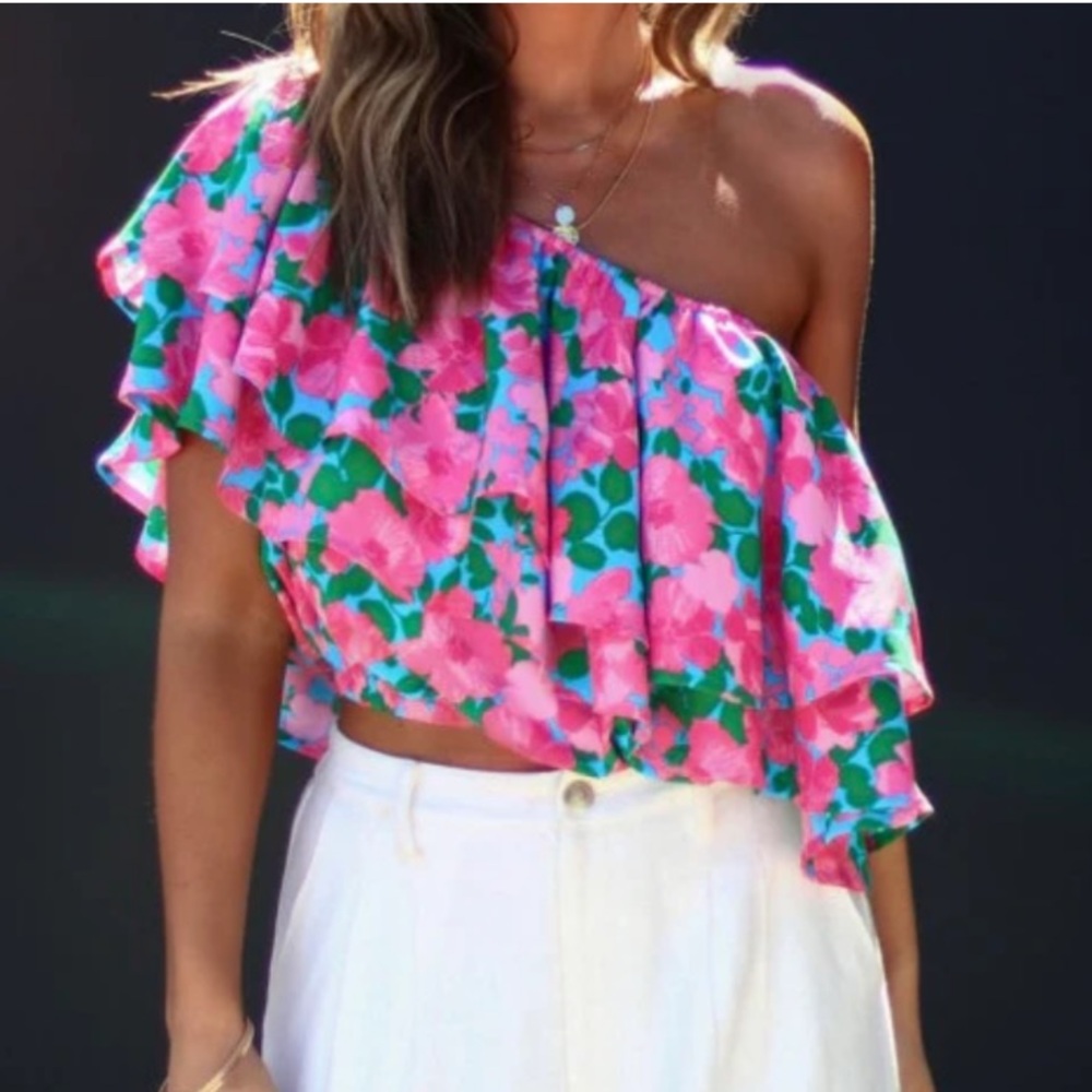 Sugarlips NWT Floral Off-Shoulder Top Pink Blue Green with elastic cropped waist